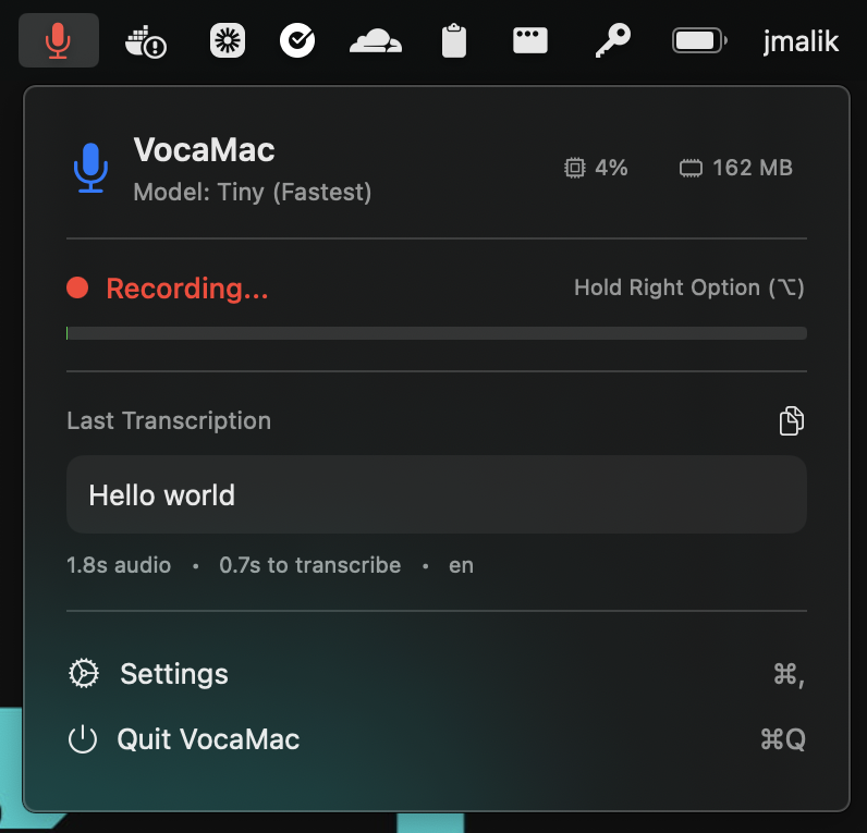 VocaMac menu bar while recording