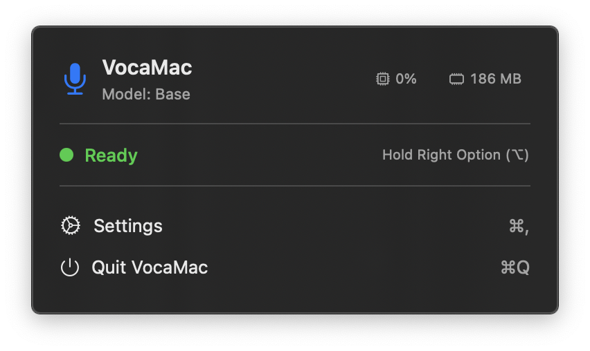 VocaMac popover panel showing status and audio level
