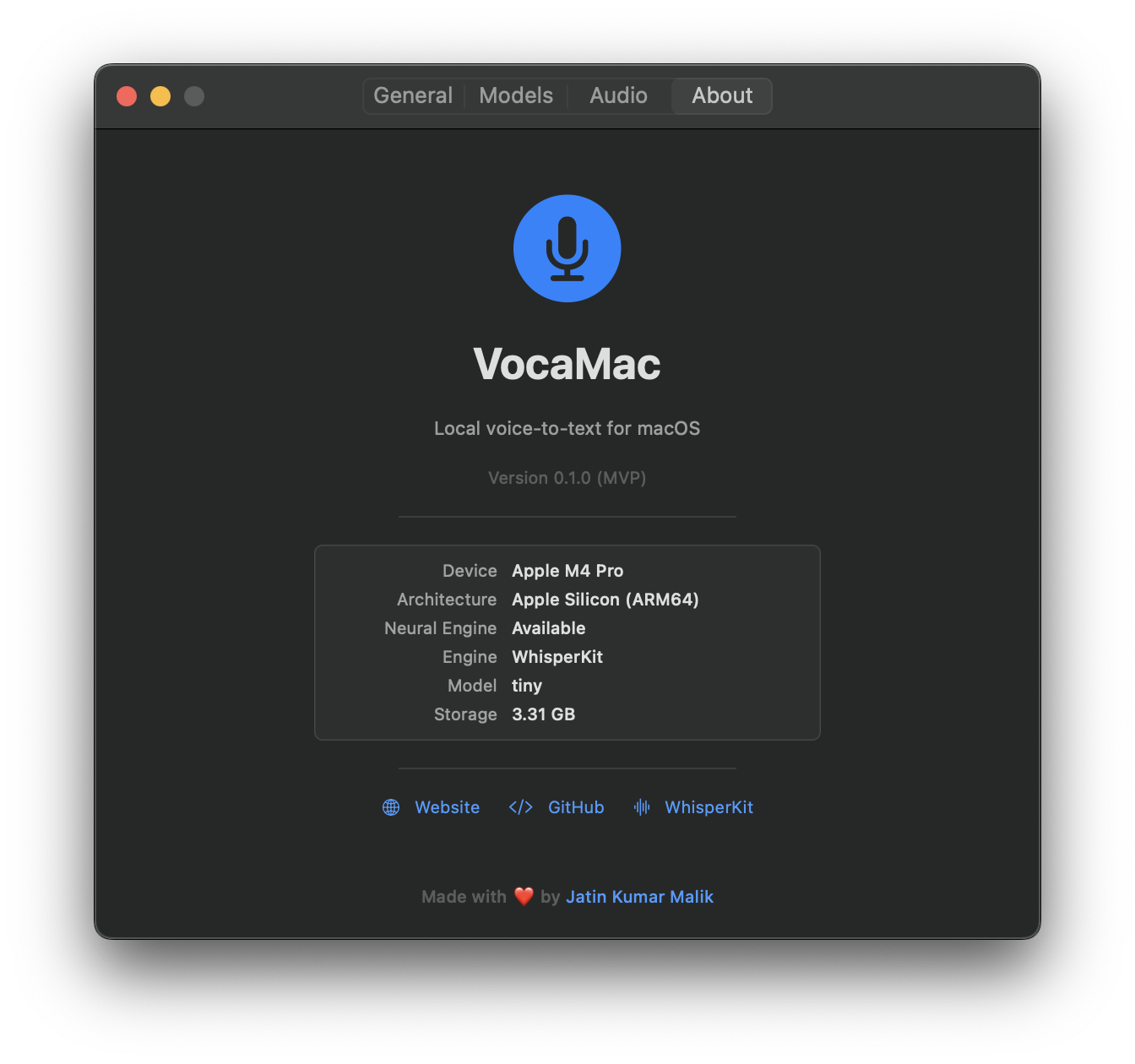 VocaMac Settings - About tab