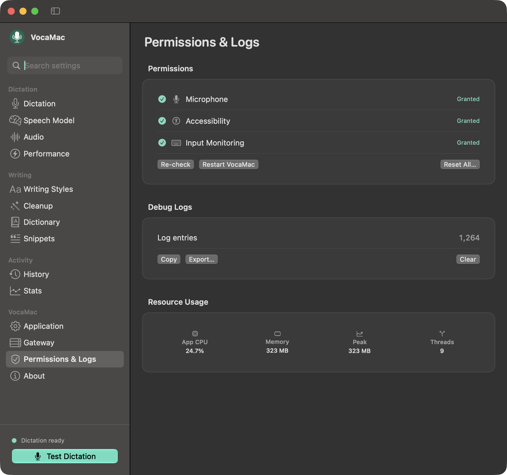 VocaMac Settings Permissions and Logs page