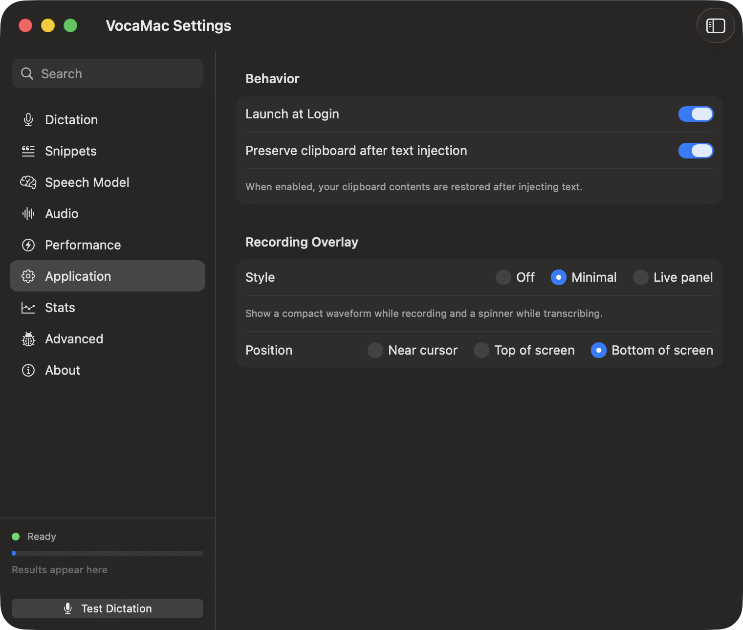 VocaMac Settings showing Launch at Login toggle