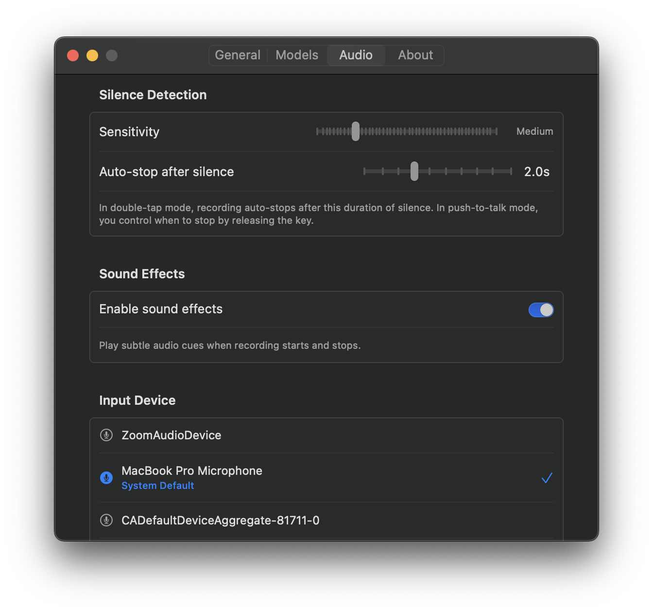 VocaMac Settings - Audio tab