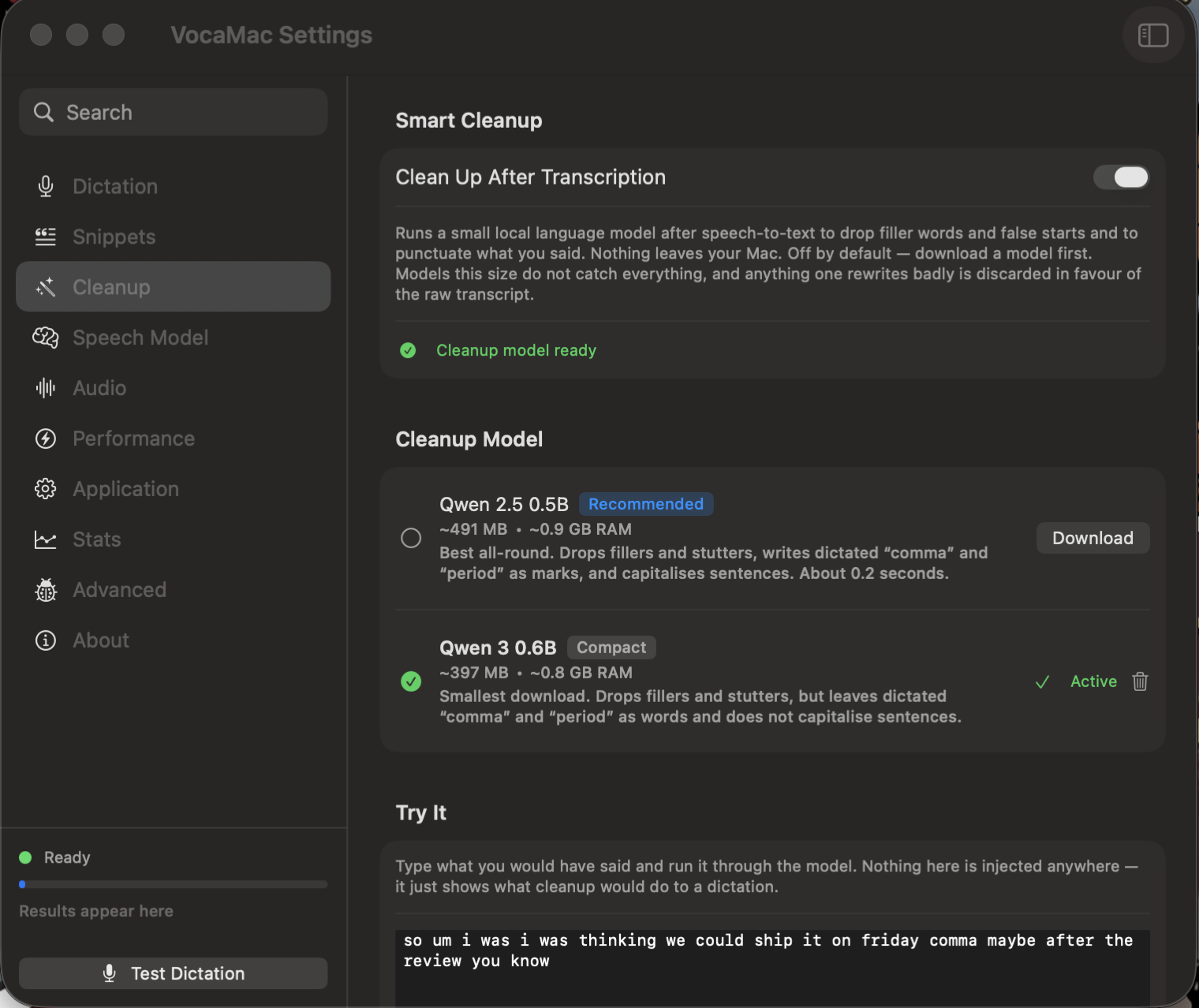 VocaMac Settings showing the Cleanup page with its model list and Try It panel