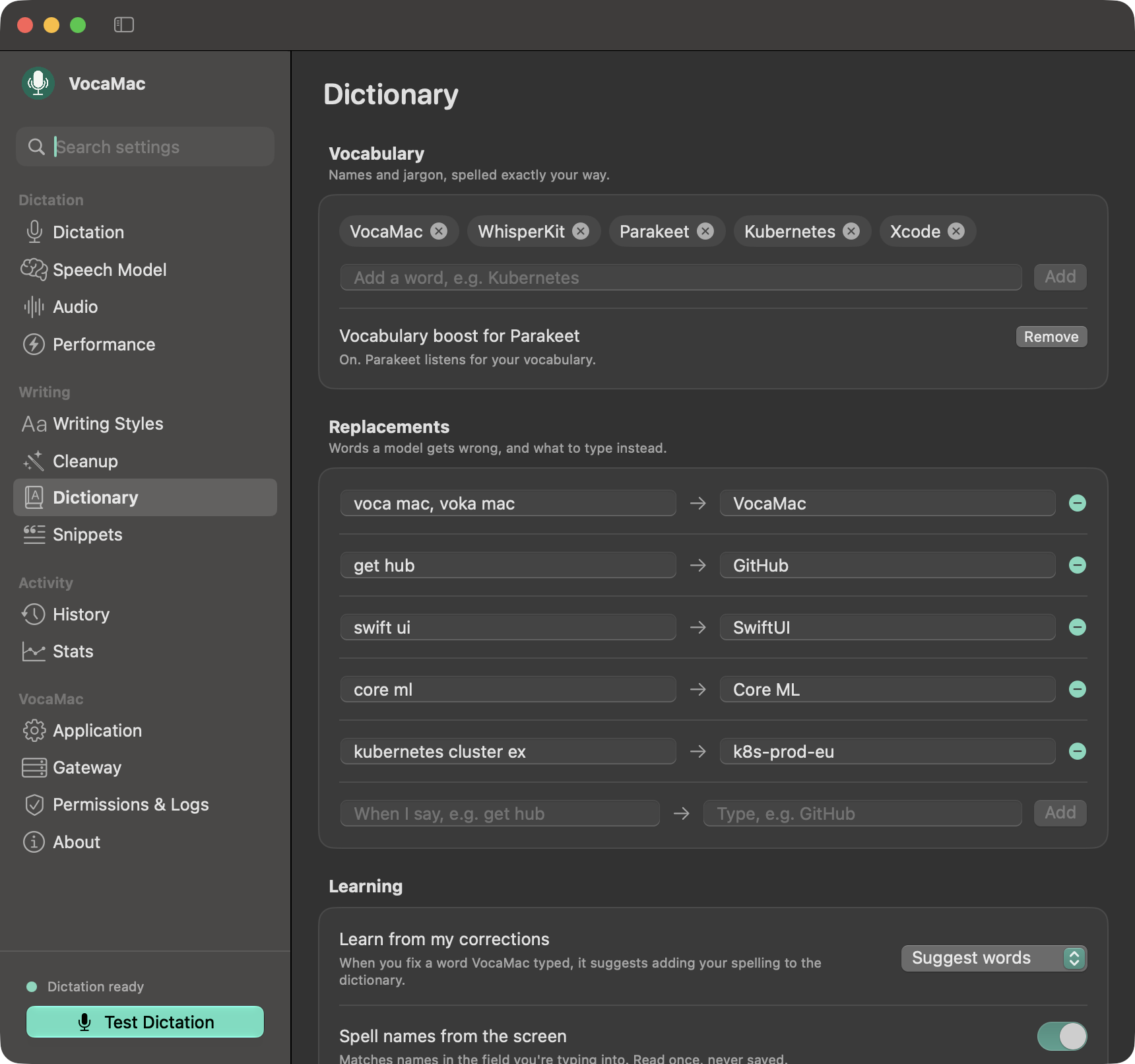 VocaMac Settings Dictionary page