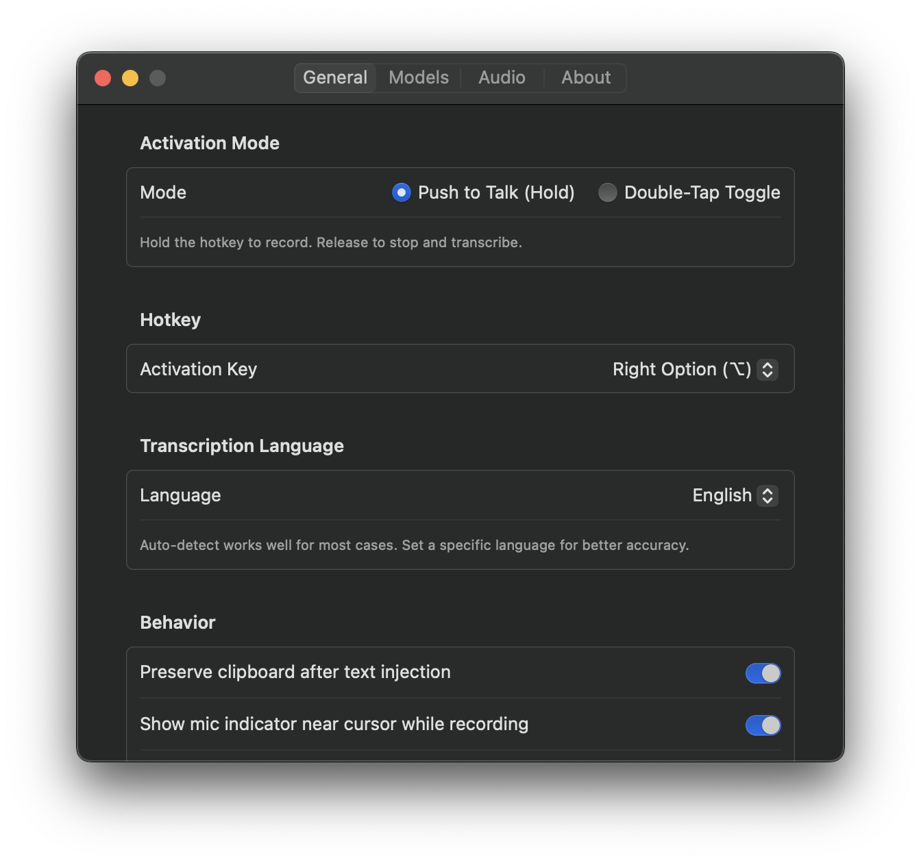VocaMac Settings - General tab