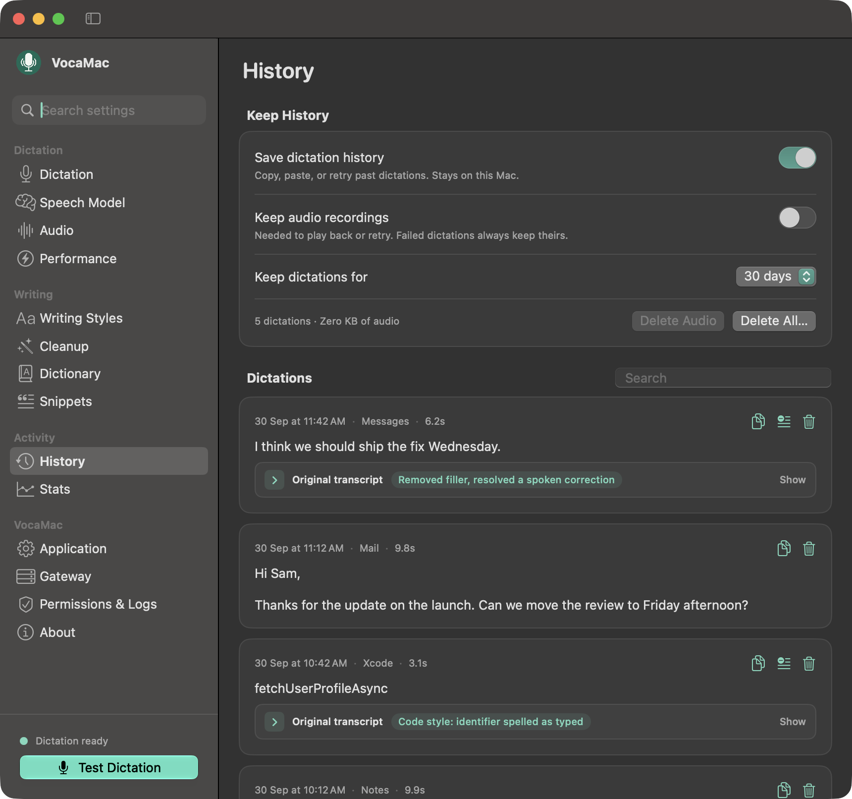 VocaMac Settings showing the History page with recent dictations