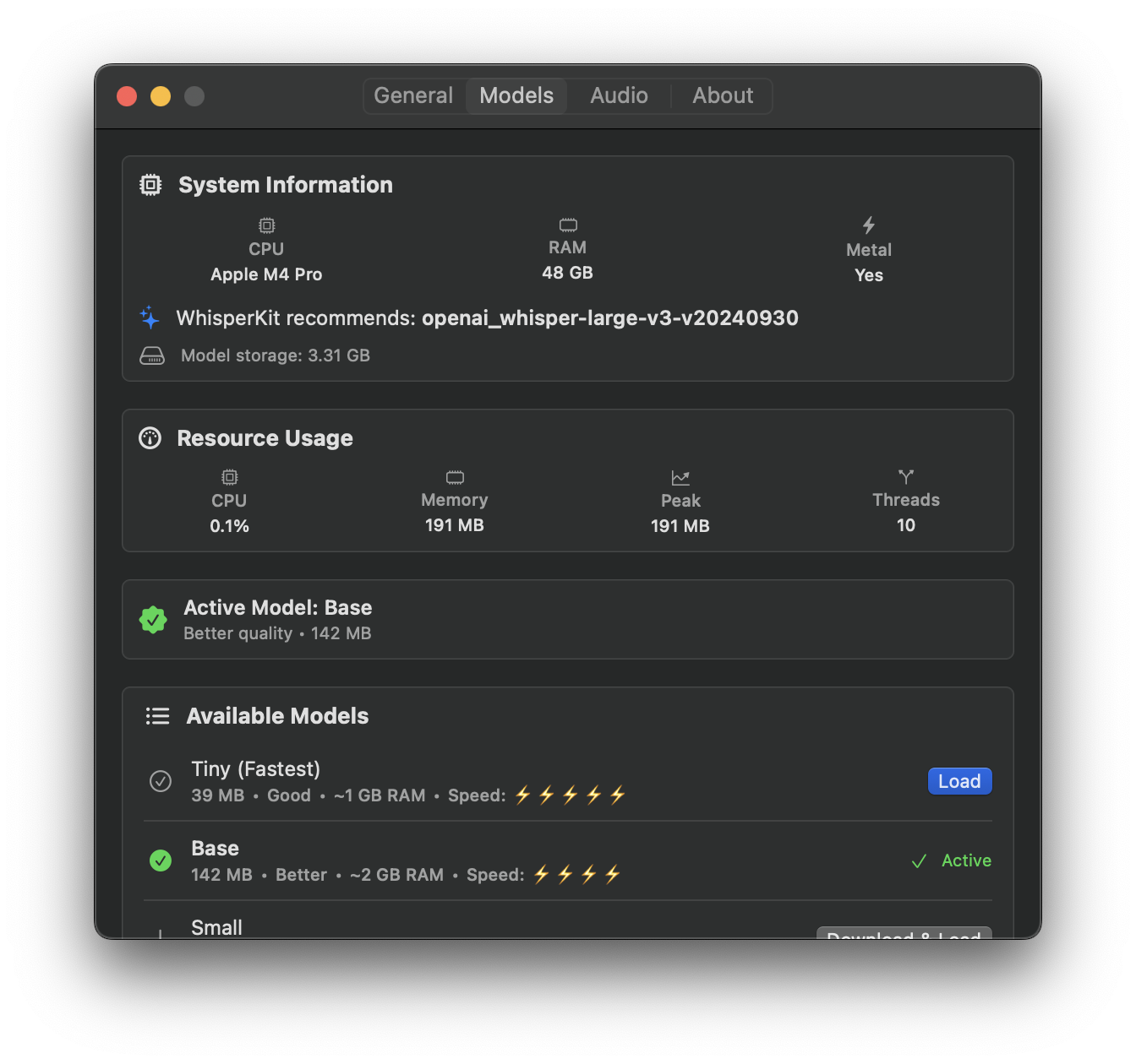 VocaMac Settings showing model management and system info
