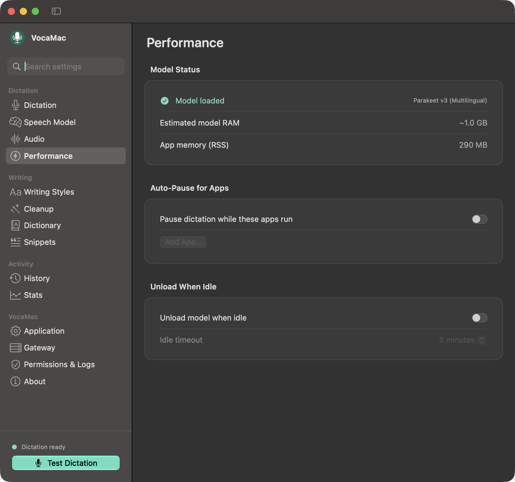 VocaMac Settings Performance page