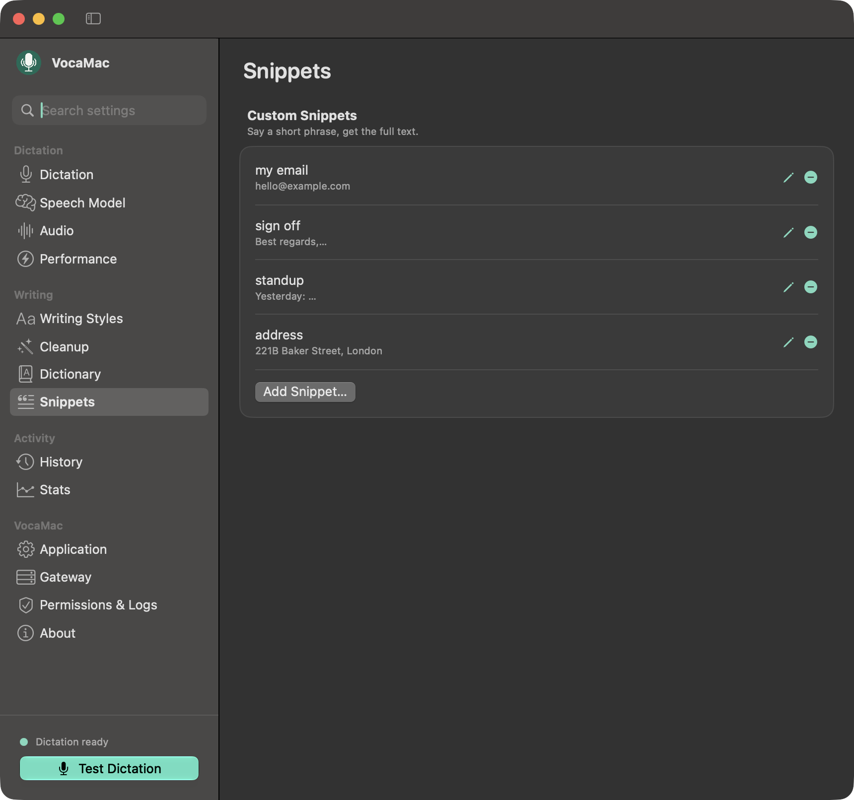 VocaMac Settings Snippets page