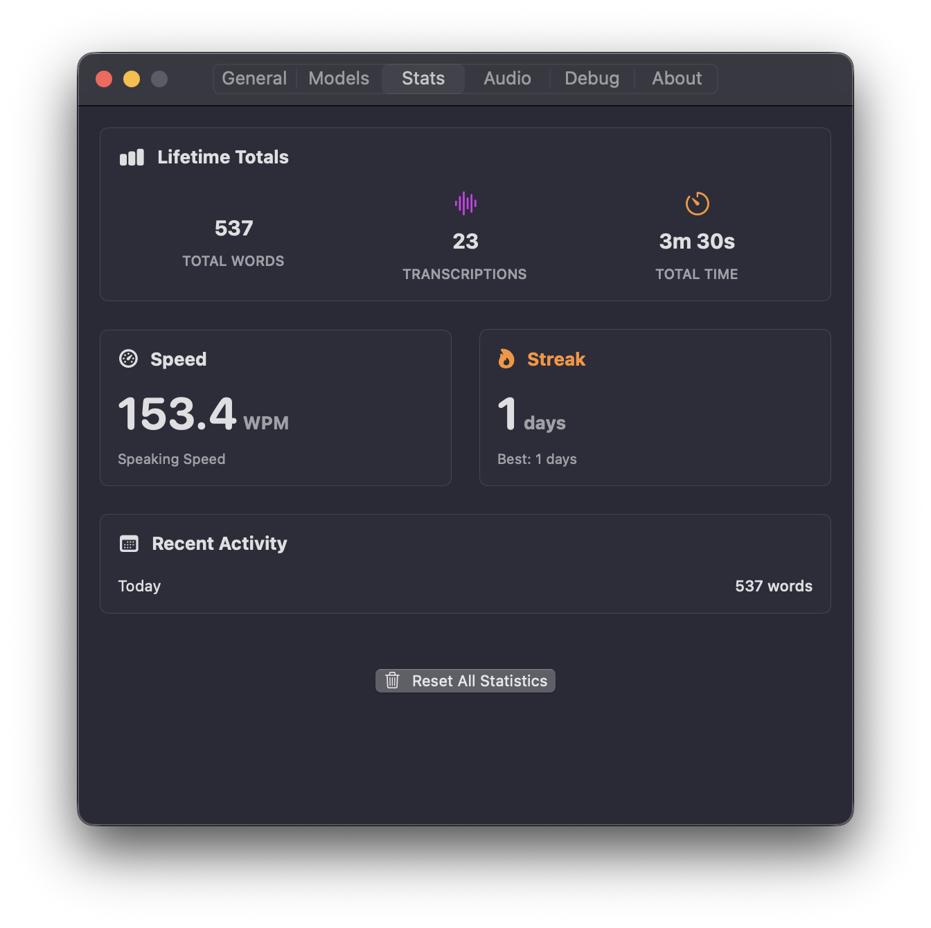 VocaMac Settings showing the Stats tab