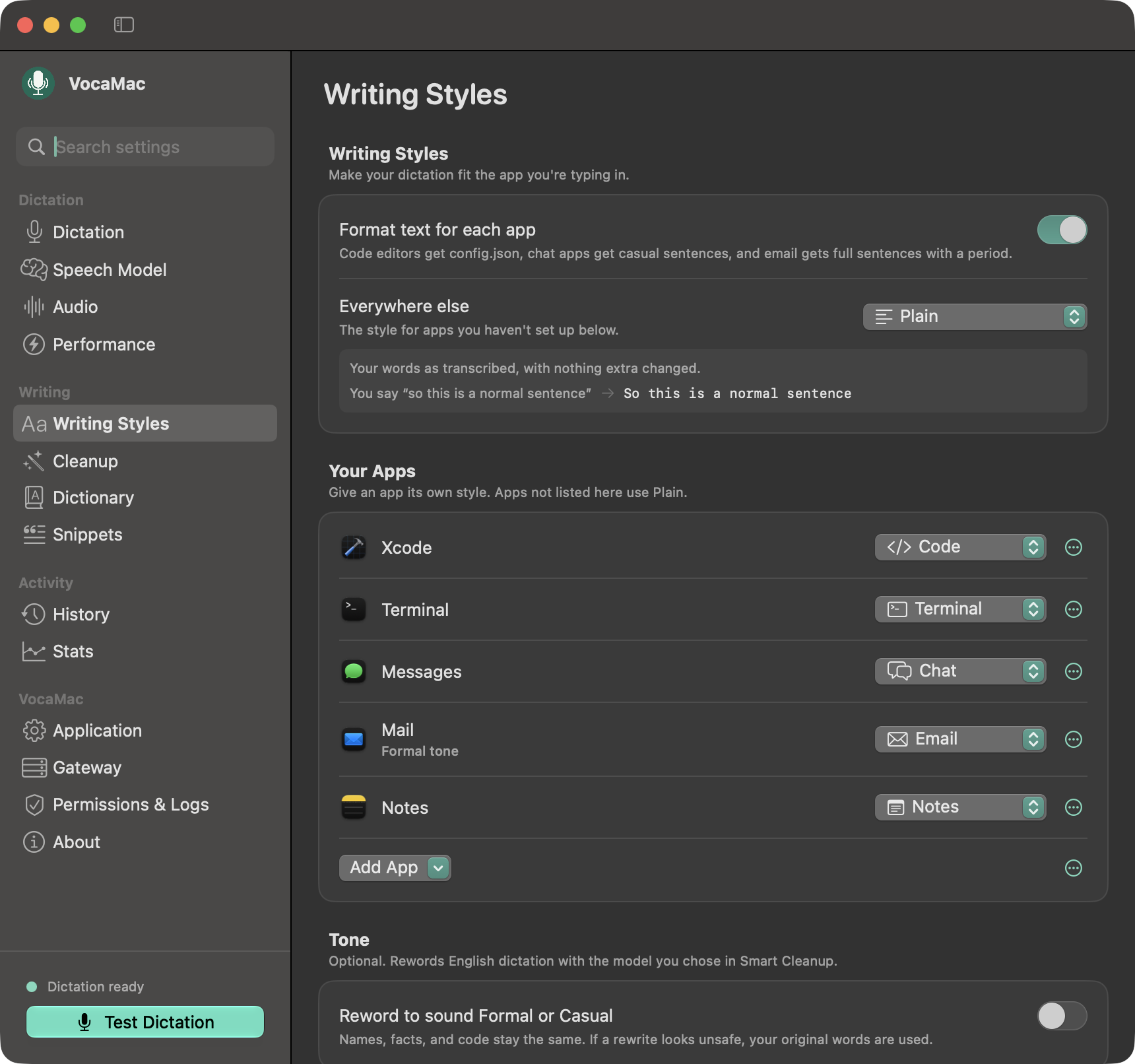 VocaMac Settings showing the Writing Styles page with a style set for each app