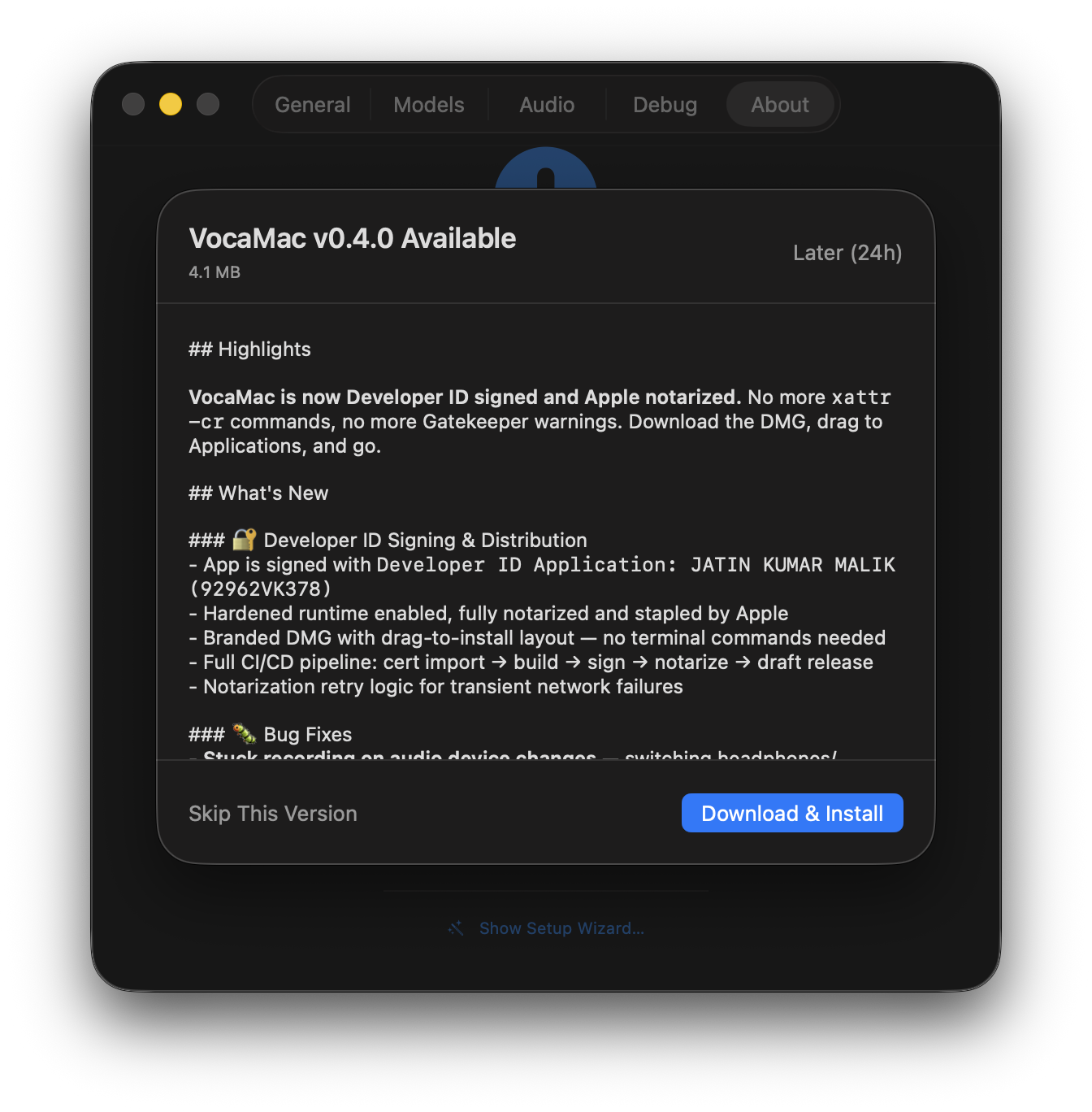 VocaMac update sheet showing release notes and Download & Install button